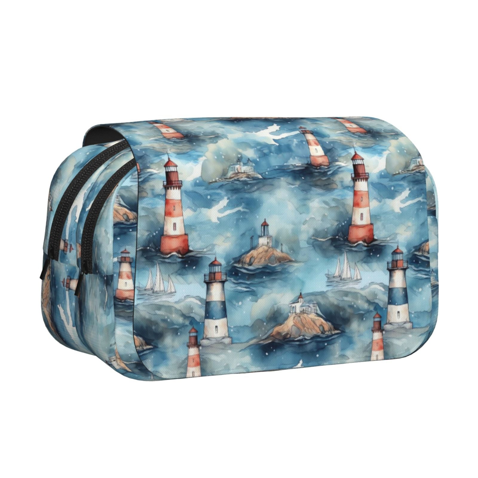 Rateoe Sea Marine And Lighthouse Pattern Double Clamshell Pen Case, Storage Organizer with Two Zipper Compartments– Holds Up to 50 Pencils & Pens