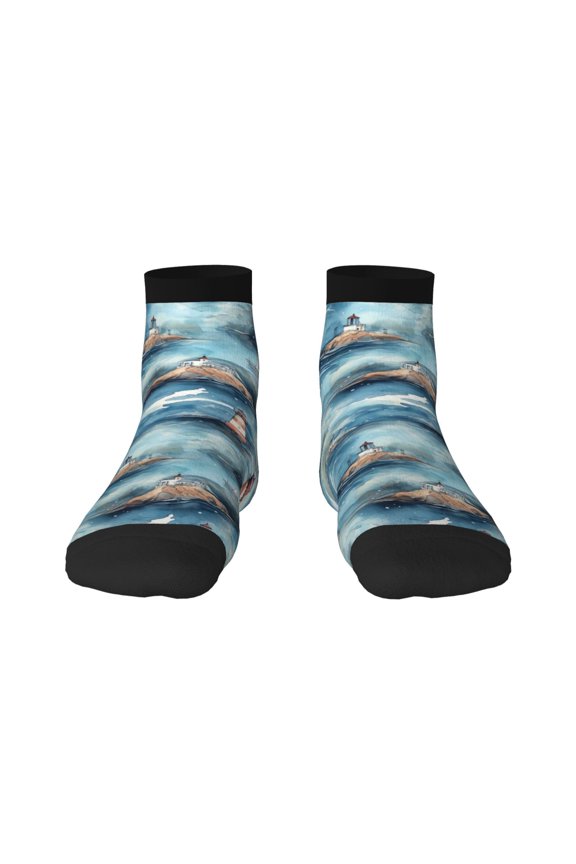 Sea Marine And Lighthouse Pattern Quarter Crew Socks,Toe Seamed Ankle Socks,Cotton Cushioned Breathable Athletic Crew Sports Socks