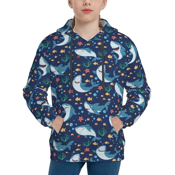 Rateoe Sea Sharks Pattern Boys Hoodie, Youth Pullover Hooded Sweatshirt, Kangaroo Pocket Hoodie for Kids-Large