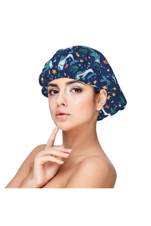 Sea Sharks Pattern Silk Satin Hair Bonnet for Sleeping, Adjustable Sleep Cap Turban for Women , Curly Straight Hair Long Large Braid