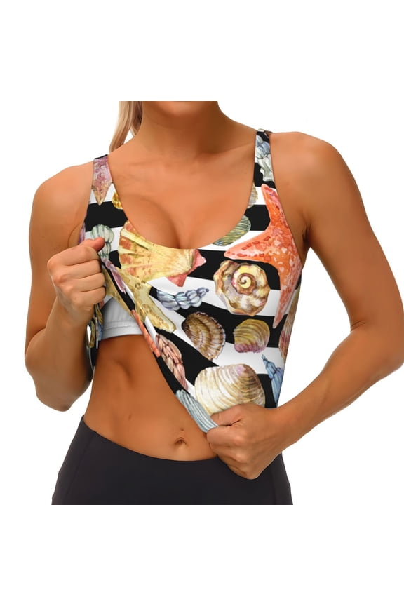 Sea Shell Print Womens' Sports Bras Scoop Neck Sports Vest- Padded U Back Seamless High Impact Support