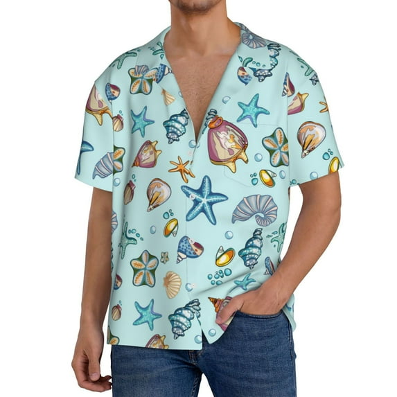 Rateoe Sea Shells 2 Pattern Men's Short Sleeve Classic Shirt, Casual Short-Sleeved Shirt, Lightweight Summer Shirt, Cuban Collar Shirt,Button-Front Shirt-XX-Large