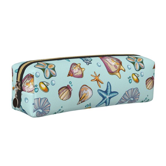 Rateoe Sea Shells 2 Print Leather Pencil Case with Smooth Zipper, Compact Storage for Writing Tools & Art Supplies, 8.26" x 1.96" x 2.16"