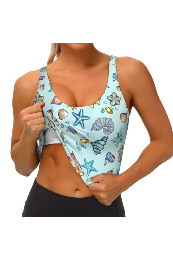 Sea Shells 2 Print Womens' Sports Bras Scoop Neck Sports Vest- Padded U Back Seamless High Impact Support