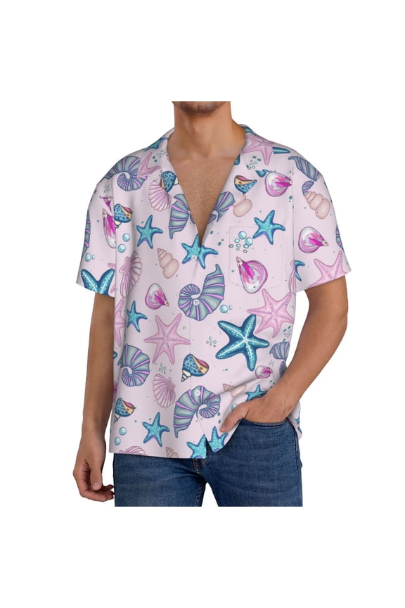 Sea Shells 3 Print Mens Front Pocket Hawaiian Shirts Casual Shirts Short Sleeve Button Down Beach Tropical Shirts-Medium