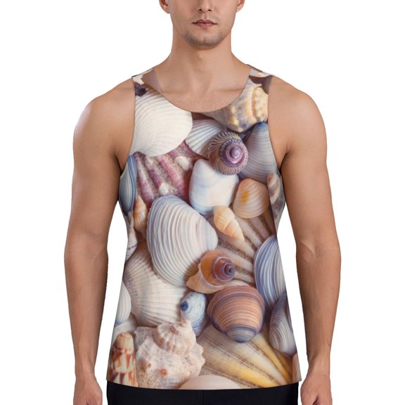 Rateoe Sea Shells Pattern Sleeveless Gym Shirt Muscle Tee Breathable Workout Shirt Slim-Fit Tank Quick Dry Fit Muscle Tank Top Bodybuilding Sleeveless T Shirt-
