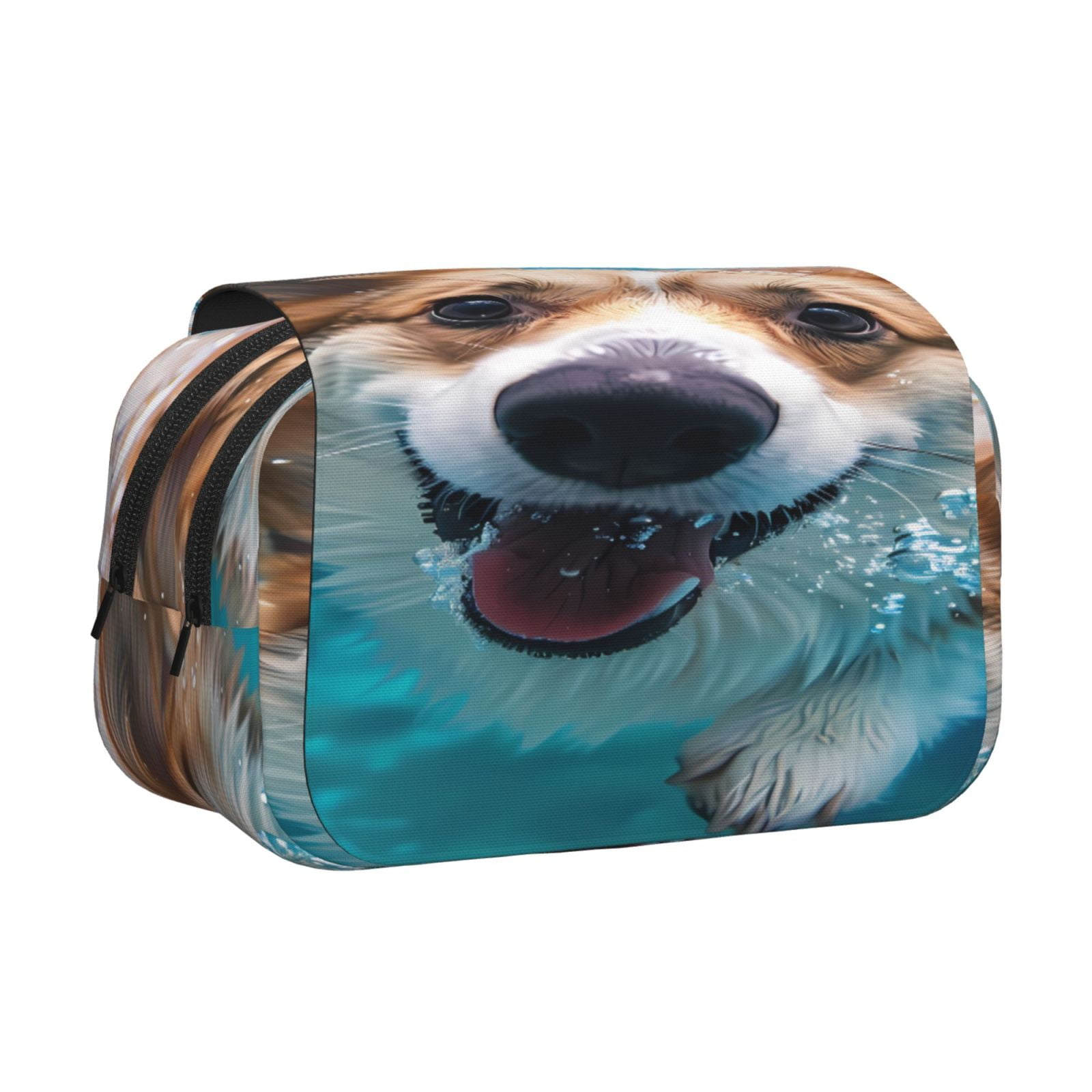 Rateoe Sea Swimming Corgi Pattern Double Clamshell Pen Case, Storage Organizer with Two Zipper Compartments– Holds Up to 50 Pencils & Pens
