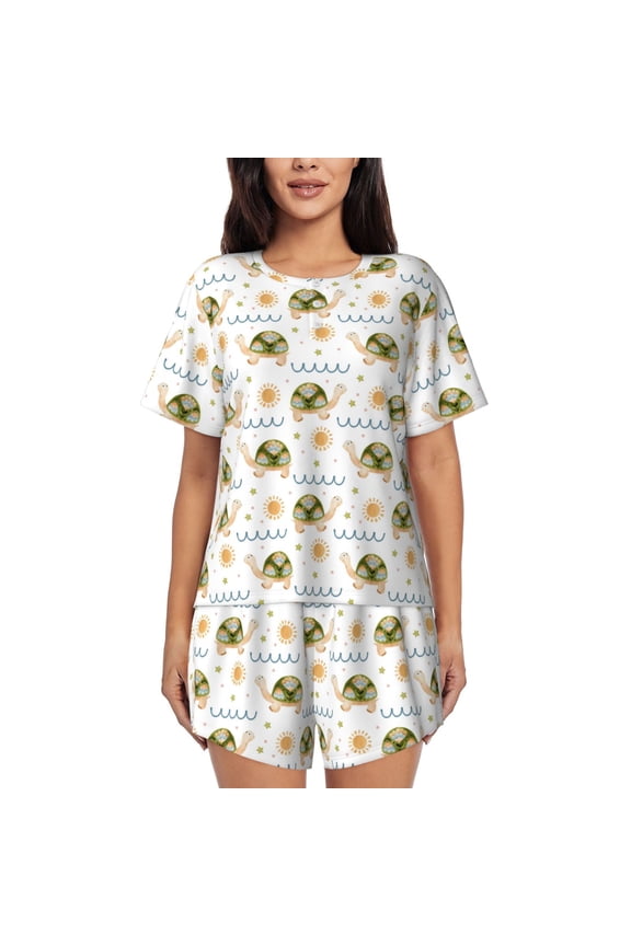 Sea Turtle Basking in the Sun for 2 Piece Short Sleeves Pajama Sets Casual Lounge Sleepwear Ladies Pjs Sets with Pocket-4X-Large