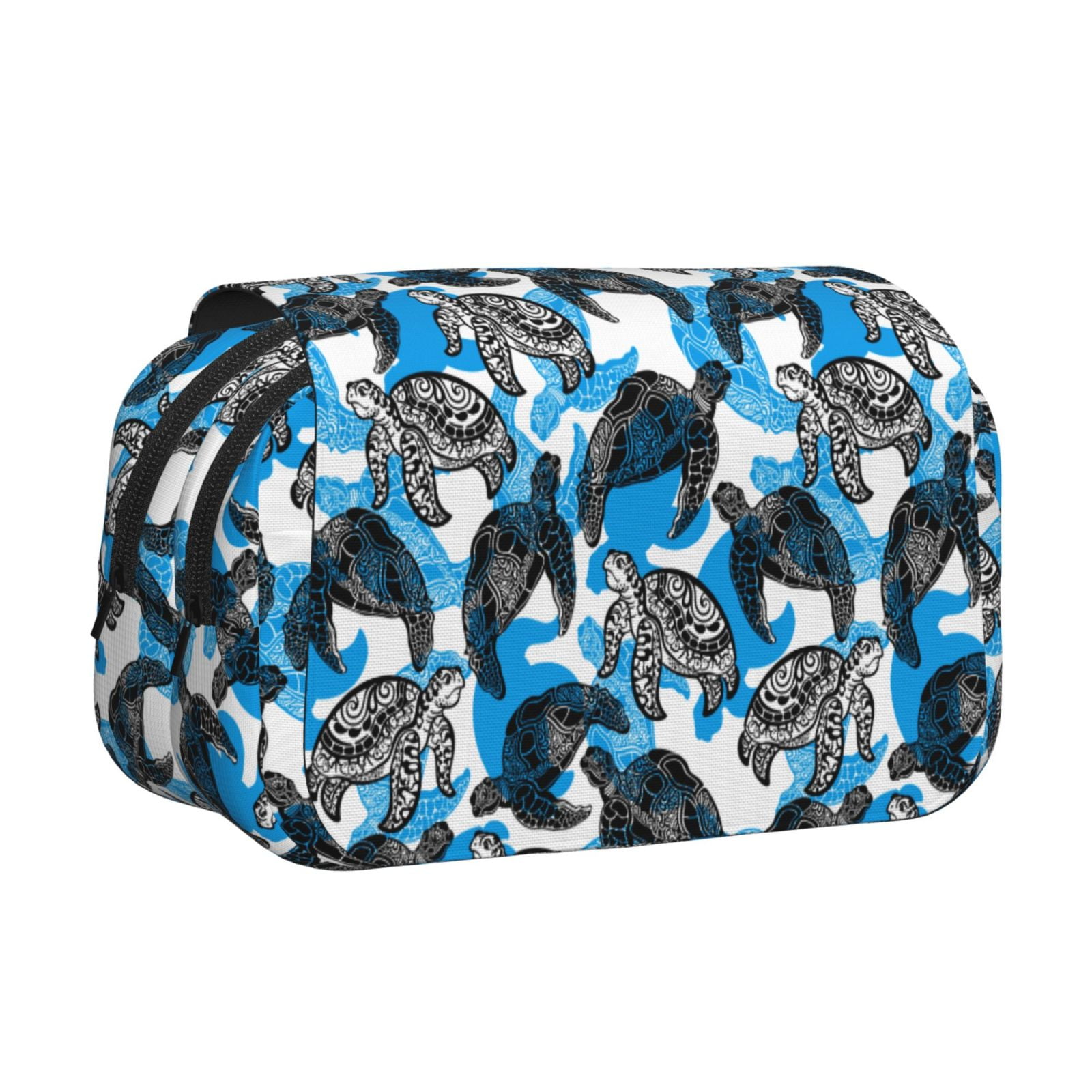 Rateoe Sea Turtle Life Pattern Double Clamshell Pen Case, Storage Organizer with Two Zipper Compartments– Holds Up to 50 Pencils & Pens