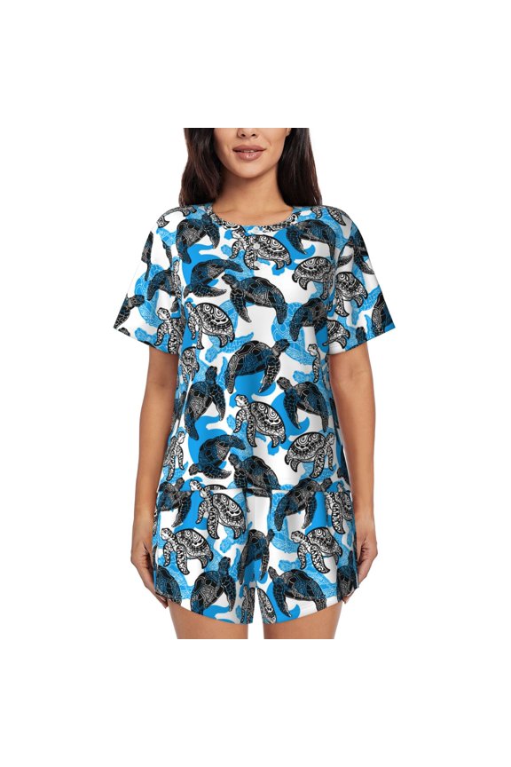 Sea Turtle Life for 2 Piece Short Sleeves Pajama Sets Casual Lounge Sleepwear Ladies Pjs Sets with Pocket-XX-Large