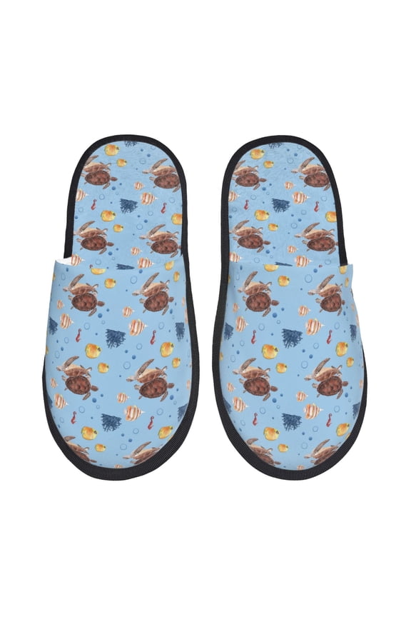 Sea Turtle Pattern Fuzzy Slippers Fuzzy Soft House Slippers Plush Furry Warm Cozy Open Toe Fluffy Home Shoes-Medium