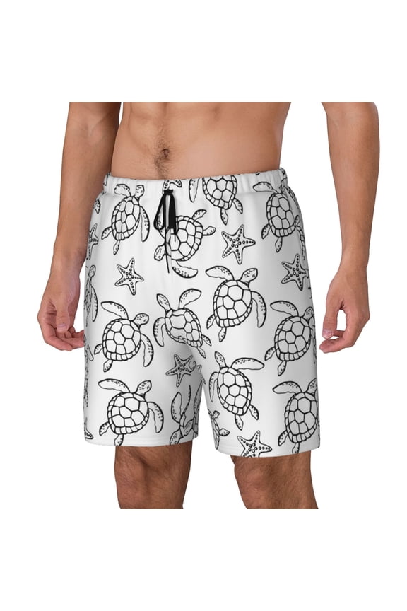 Sea Turtle Pattern Men’s Swim Shorts with Compression Liner – Double-Layered Quick-Dry Swimwear, Comfortable & Stretchy Beach Shorts-Large