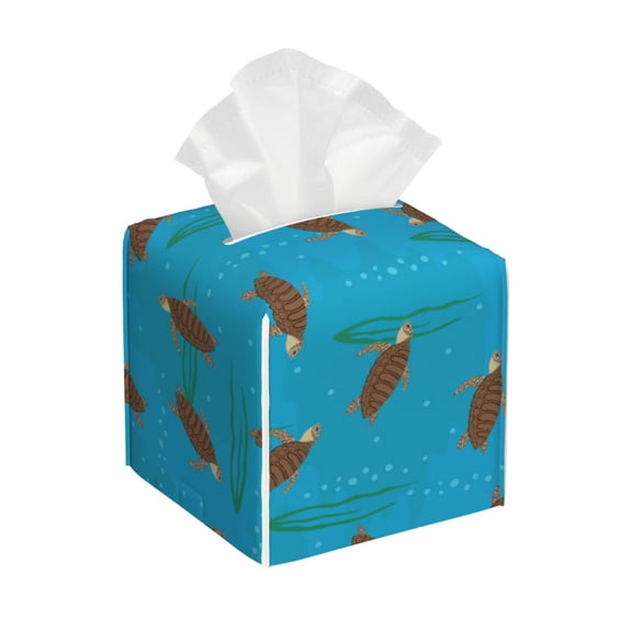 Rateoe Sea Turtle Pattern Tissue Box Cover, Modern Square Decorative Leather Facial Paper Case Organizer Holder Dispenser 5X5X5''
