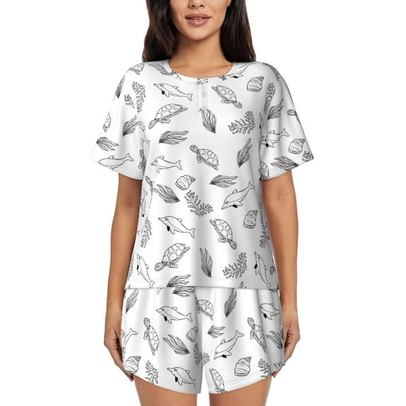 Rateoe Sea Turtle Pattern Women's Short-Sleeved Pajama Set - 2 Piece Soft and Lightweight Sleepwear Set-Large