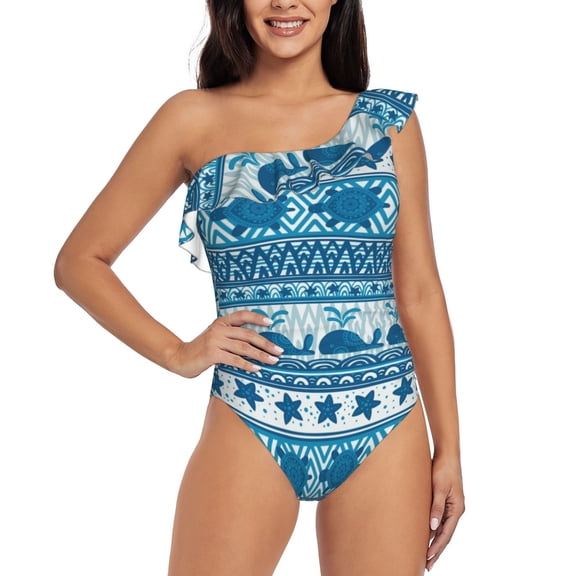 Rateoe Sea Underwater Animals Pattern Women One Piece Swimsuits Tummy Control One Shoulder Bathing Suits Ruffle Swimwear-Small
