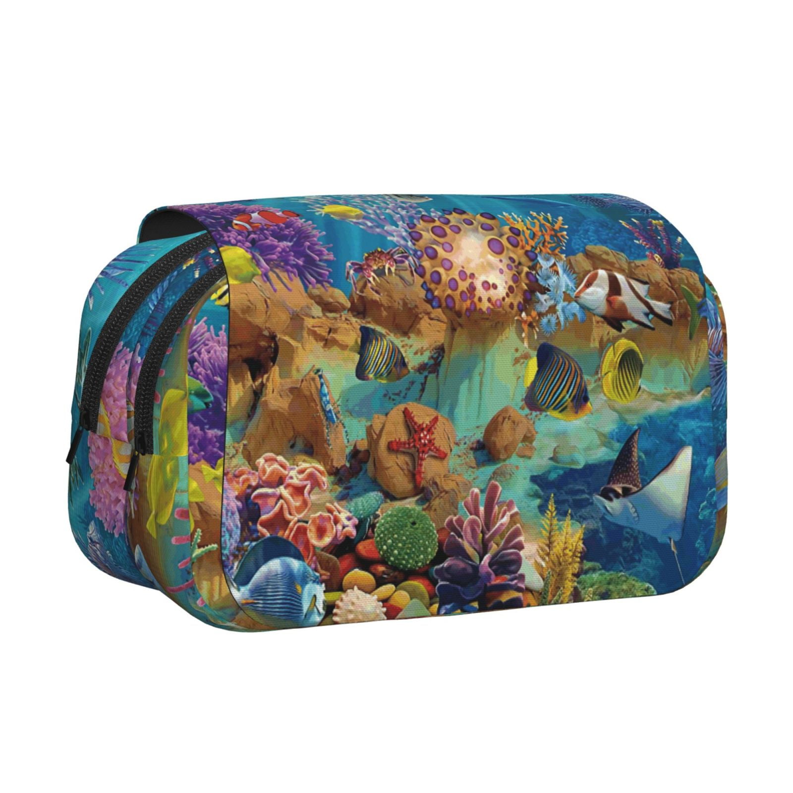 Rateoe Sea World Pattern Double Clamshell Pen Case, Storage Organizer with Two Zipper Compartments– Holds Up to 50 Pencils & Pens