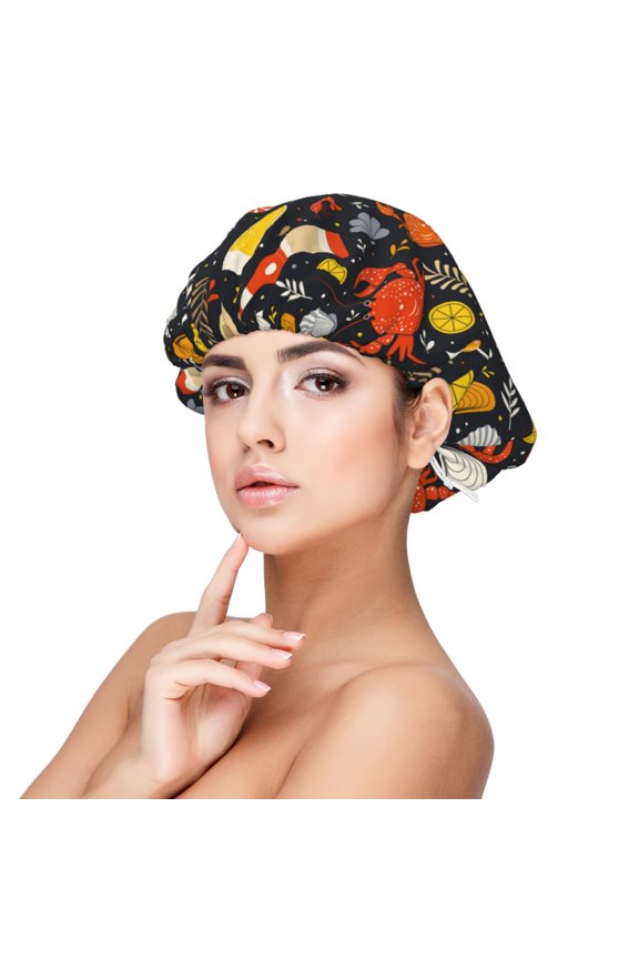 Seafood And Drinks Pattern Silk Satin Hair Bonnet for Sleeping, Adjustable Sleep Cap Turban for Women , Curly Straight Hair Long Large Braid