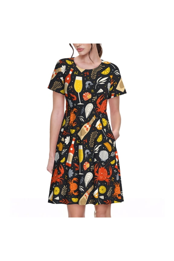 Seafood And Drinks Pattern Women’s Short Sleeve Dress – Casual Elegant Summer A-Line Dress for Everyday Wear