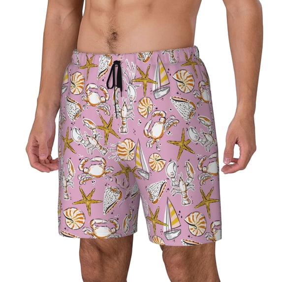 Rateoe Seafood Pattern Men’s Swim Shorts with Compression Liner – Double-Layered Quick-Dry Swimwear, Comfortable & Stretchy Beach Shorts-3X-Large