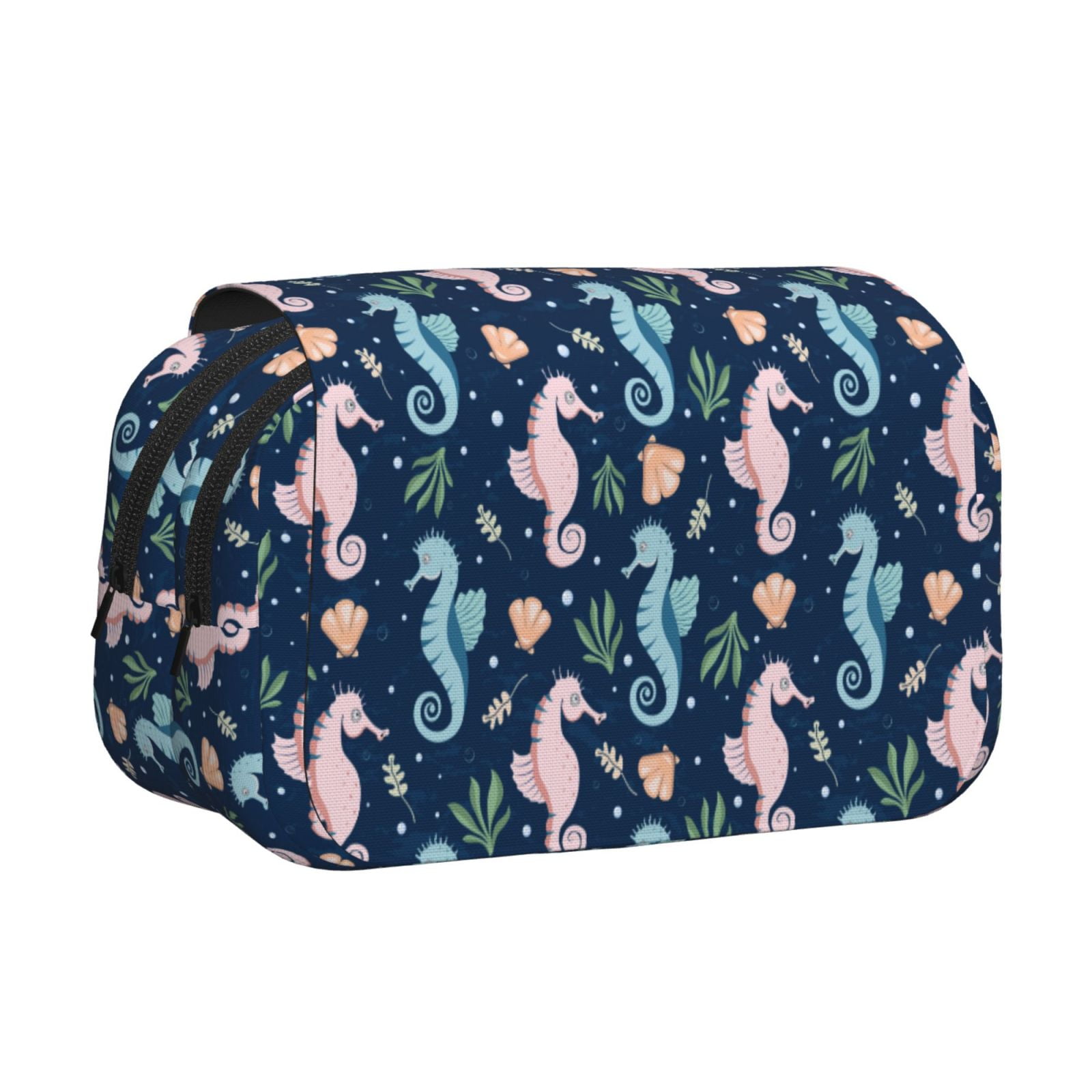 Rateoe Seahorses And Plants Pattern Double Clamshell Pen Case, Storage Organizer with Two Zipper Compartments– Holds Up to 50 Pencils & Pens