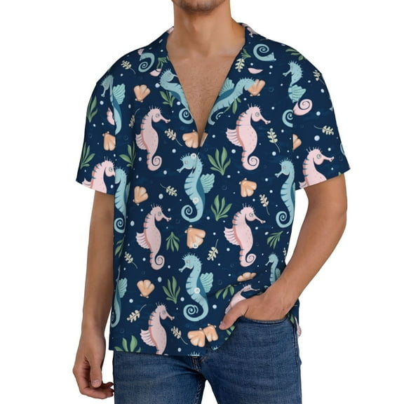 Rateoe Seahorses And Plants Print Mens Front Pocket Hawaiian Shirts Casual Shirts Short Sleeve Button Down Beach Tropical Shirts-Small