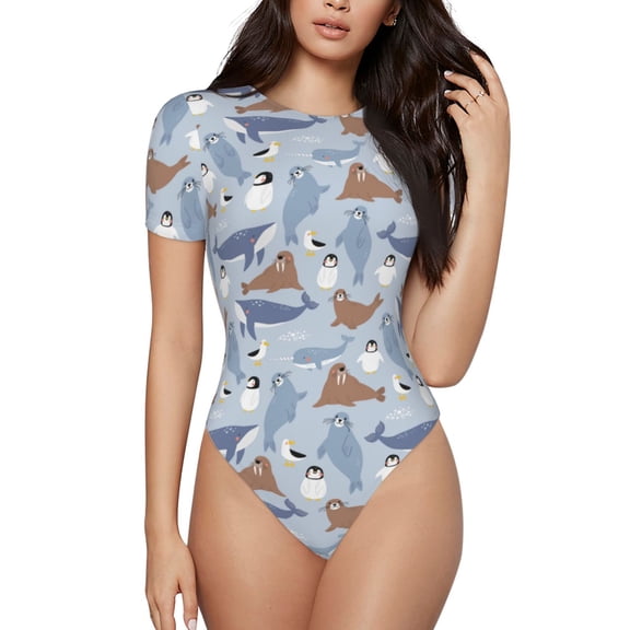 Rateoe Seal Fox Seagull Whales Printed Women Rash Guard Short Sleeve,Tummy control Swimsuit Surfing Swimsuit Bathing Suit Short-sleeved Onesie UPF 50+ -XX-Large