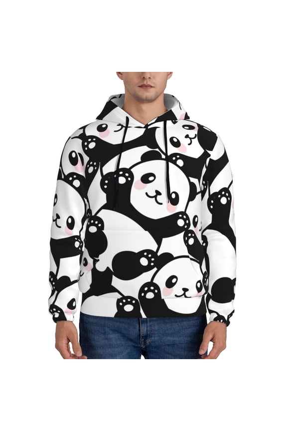Seamless Pattern Cute Panda Pattern Mens Hoodie, Pullover Hooded Sweatshirt, Kangaroo Pocket Hoodie Ideal for Daily Wear, Travel and Home-Medium