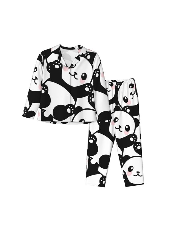 Seamless Pattern Cute Panda Pattern Womens Pajamas Set Long Sleeve Sleepwear Button Down Nightwear Soft Cotton Pj Lounge Sets