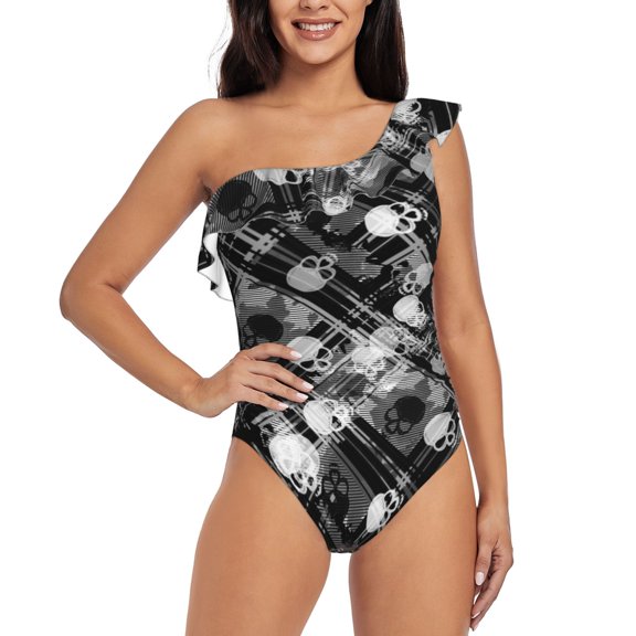 Rateoe Seamless Pattern With Skulls Pattern Women One Piece Swimsuits Tummy Control One Shoulder Bathing Suits Ruffle Swimwear-X-Large