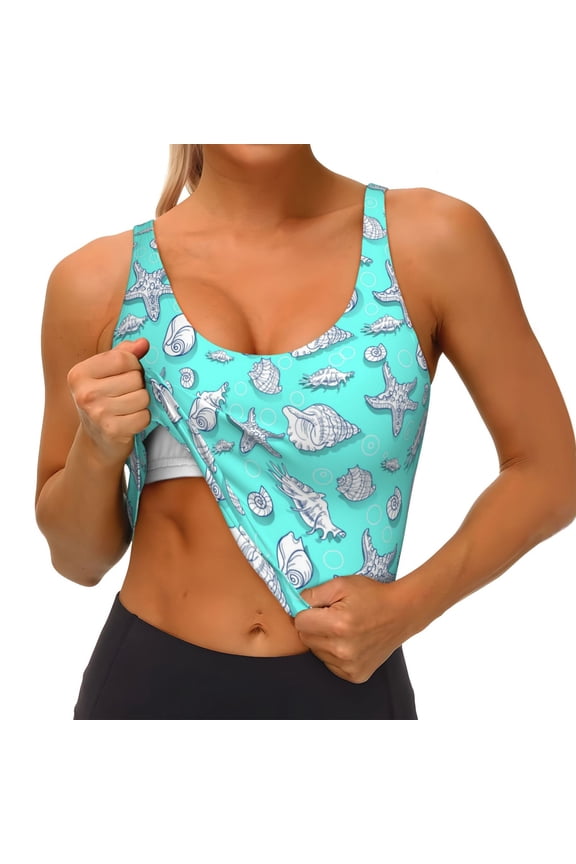 Seashell And Starfish Print Womens' Sports Bras Scoop Neck Sports Vest- Padded U Back Seamless High Impact Support