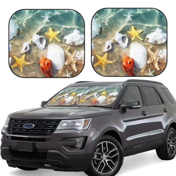 Rateoe Seashell On The Beach Pattern 2 Piece Car Windshield Sun Shade Foldable | Front Windshield Shade for Sun, Heat and UV Rays | Sunshade for Car Front Window-Medium