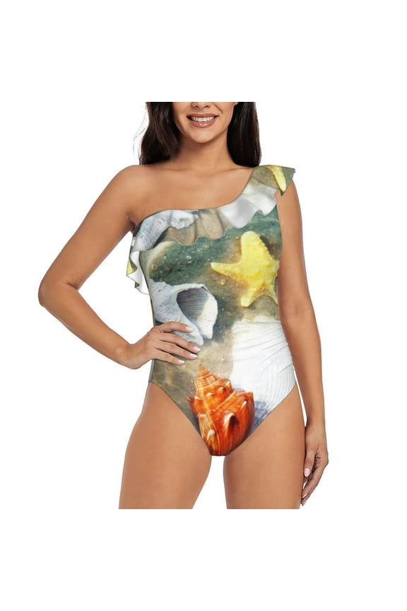 Seashell On The Beach Pattern Women One Piece Swimsuits Tummy Control One Shoulder Bathing Suits Ruffle Swimwear-