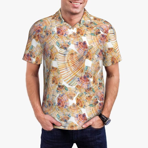 Rateoe Seashells Pattern Men's Short Sleeve Polo Shirts, Golf Polo Shirts Short Sleeve Performance Moisture Wicking Dry-Large