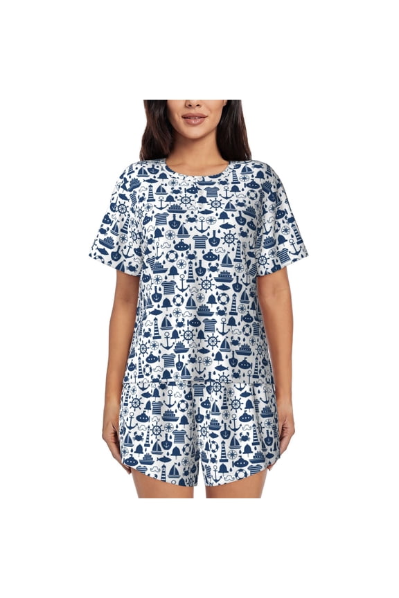 Seaside Primary Color for 2 Piece Short Sleeves Pajama Sets Casual Lounge Sleepwear Ladies Pjs Sets with Pocket-Medium