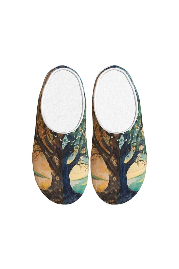 Seasonal Tree Reflection Print Women's Men's Cotton Knit Slippers Lightweight Memory Foam Indoor House Shoes with Anti-Skid Sole-35/36