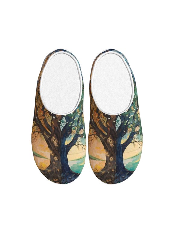 Seasonal Tree Reflection Print Women's Men's Cotton Knit Slippers Lightweight Memory Foam Indoor House Shoes with Anti-Skid Sole-40/41