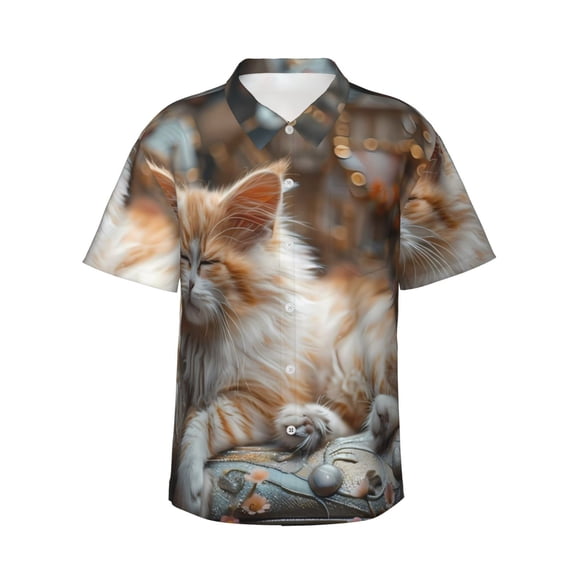 Rateoe Serene Kitten Kingdom Pattern Men’s Hawaiian Shirt – Short Sleeve Button-Down Tropical Beach Shirt, Lightweight & Breathable Casual Aloha Shirt with Pocket,X-Large