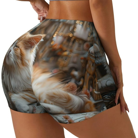 Rateoe Serene Kitten Kingdom Printed Power Workout Shorts for Women Tummy Control Squat Proof Ribbed Thick Seamless Scrunch Active Short-XX-Large