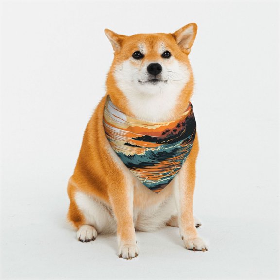 Rateoe Serene Ocean Sunset Print Pet Scarf for Dogs and Cats – Stylish Reflective Design, Breathable & Durable Pet Bandana with Quick-Release Buckle-Large