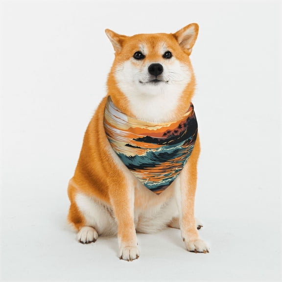 Rateoe Serene Ocean Sunset Print Pet Scarf for Dogs and Cats – Stylish Reflective Design, Breathable & Durable Pet Bandana with Quick-Release Buckle-Small