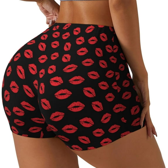 Rateoe Sexy Red Lips Kiss Printed Power Workout Shorts for Women Tummy Control Squat Proof Ribbed Thick Seamless Scrunch Active Short-Medium