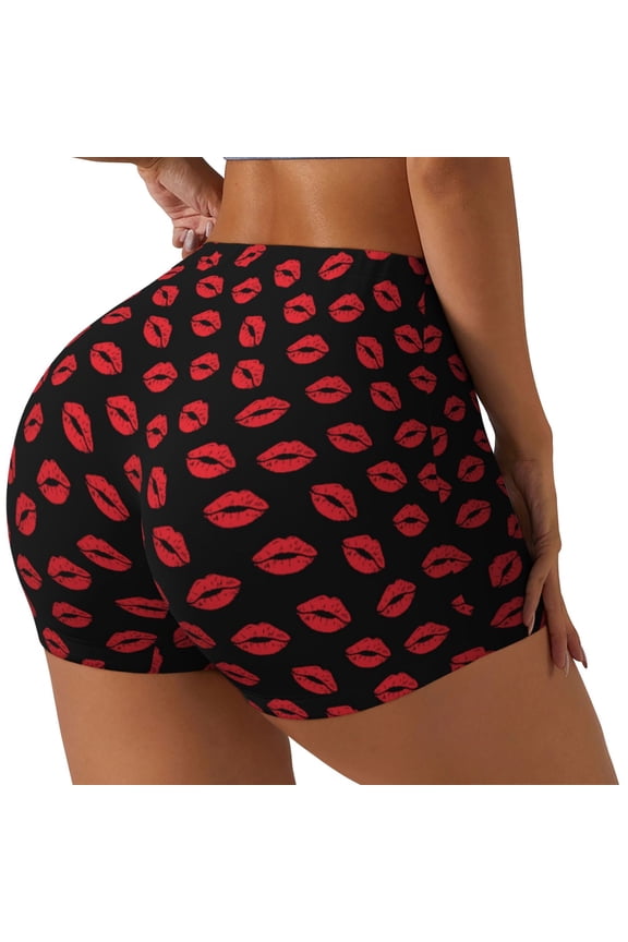 Sexy Red Lips Kiss Printed Power Workout Shorts for Women Tummy Control Squat Proof Ribbed Thick Seamless Scrunch Active Short-Small