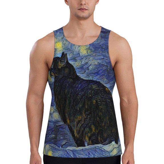 Rateoe Shambhala Cat In Van Gogh Impressionist Pattern Sleeveless Gym Shirt Muscle Tee Breathable Workout Shirt Slim-Fit Tank Quick Dry Fit Muscle Tank Top Bodybuilding Sleeveless T Shirt-4X-Large
