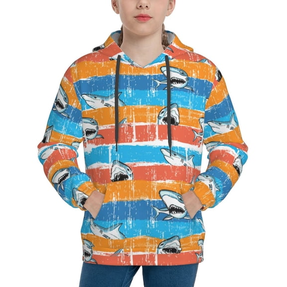 Rateoe Shark On Line Pattern Boys Hoodie, Youth Pullover Hooded Sweatshirt, Kangaroo Pocket Hoodie for Kids-Large