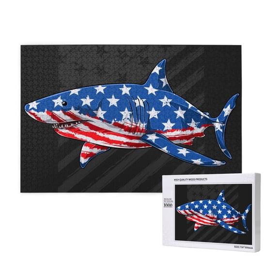 Rateoe Shark With USA Flag Pattern Wooden Picture Puzzle ,1000 Piece Jigsaw Puzzle ,Family Fun Puzzle, Home Décor Puzzle, Gift Puzzle(Horizontal style)