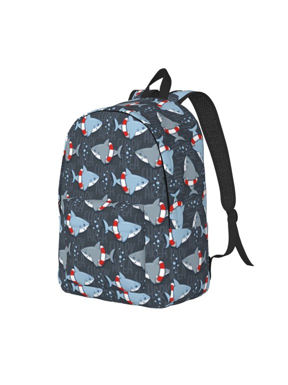 Shark Wearing Swim Ring Pattern Durable Canvas Backpack for Men & Women – Stylish & Lightweight – Adjustable Straps, Multiple Pockets – Fits 15-17 Inch LaptopsSmall