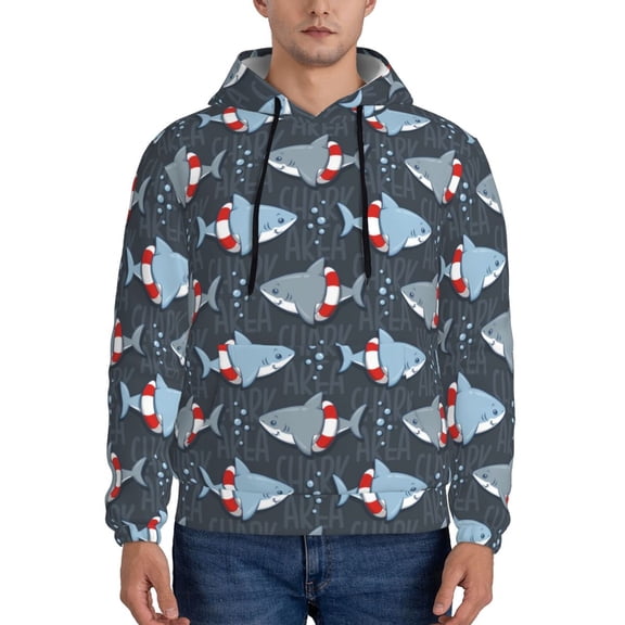 Rateoe Shark Wearing Swim Ring Pattern Mens Hoodie, Pullover Hooded Sweatshirt, Kangaroo Pocket Hoodie Ideal for Daily Wear, Travel and Home-X-Large
