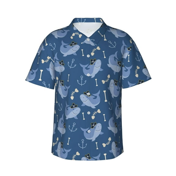 Rateoe Shark pirate Pattern Men’s Hawaiian Shirt – Short Sleeve Button-Down Tropical Beach Shirt, Lightweight & Breathable Casual Aloha Shirt with Pocket,Medium