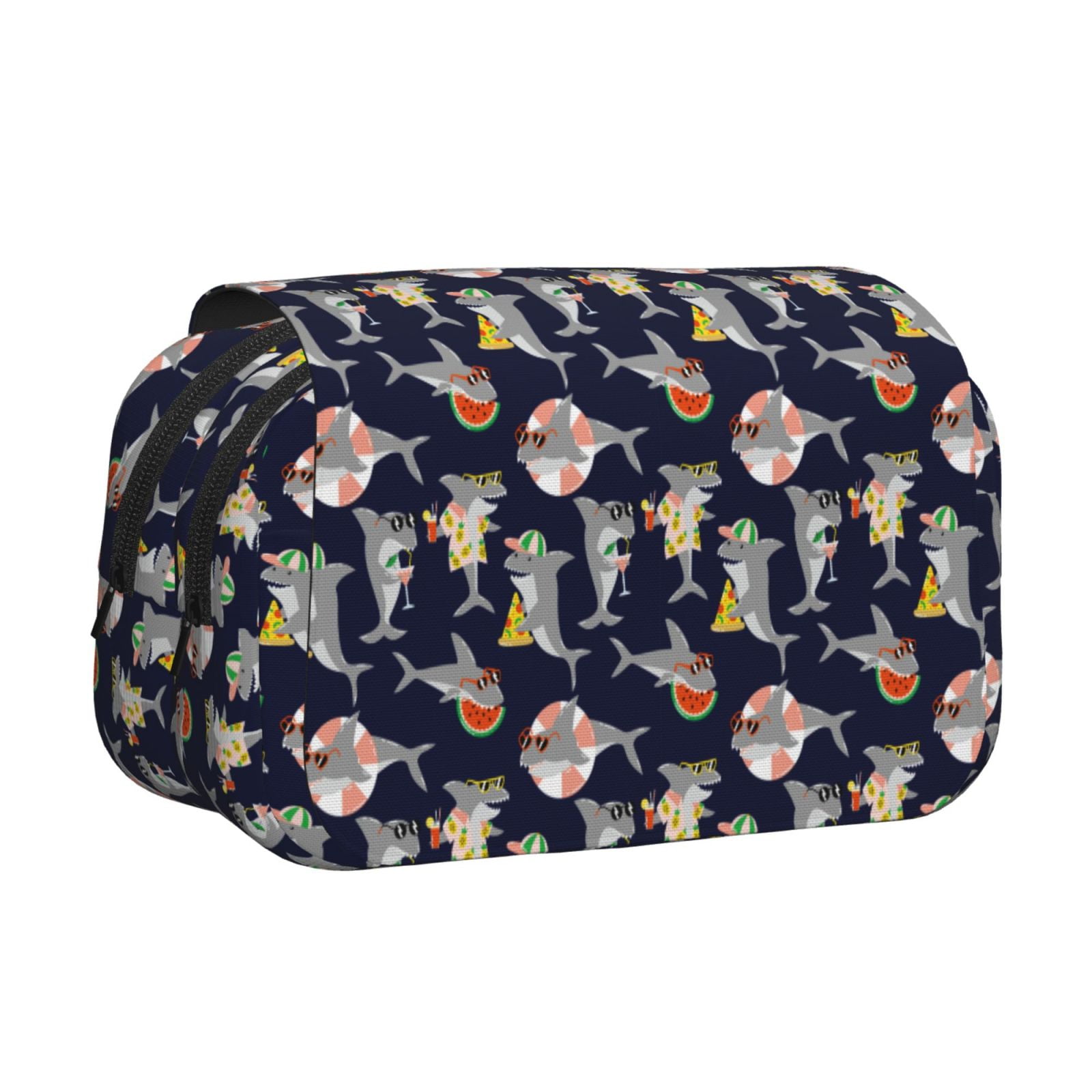 Rateoe Sharks In Sunglasses Pattern Double Clamshell Pen Case, Storage Organizer with Two Zipper Compartments– Holds Up to 50 Pencils & Pens