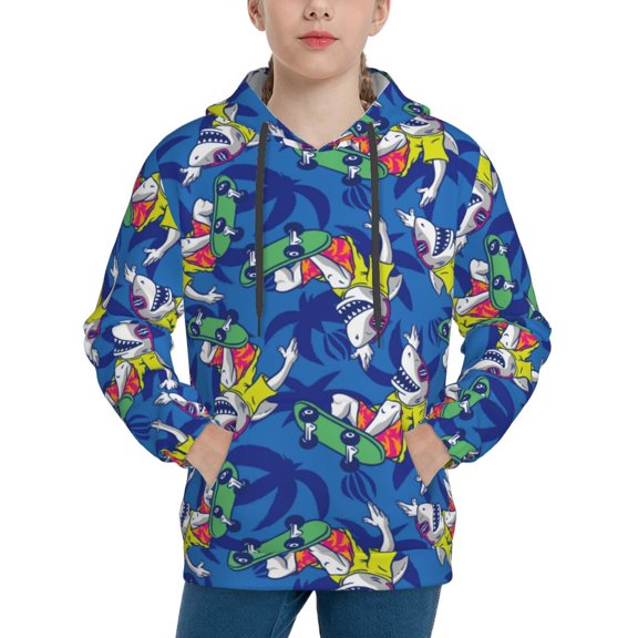 Rateoe Sharks Skateboarding With Palm Pattern Boys Hoodie, Youth Pullover Hooded Sweatshirt, Kangaroo Pocket Hoodie for Kids-Large